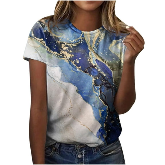 USSUMA Women's Tops Dressy Casual Summer Blouse Basic Tee Cute Short Sleeve T-Shirts for Women Trendy Marble Print Color Block Round Neck Womens Tunic Top Shirt Summer Beach