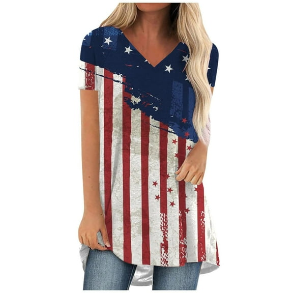 USSUMA Short Sleeve Womens Blouses and Tops Dressy Patriotic Flag Print Plus Womens Tops Casual 4th of July Long Flowy T-Shirts Shirt for Women Trendy V Neck Tunic Plus Size