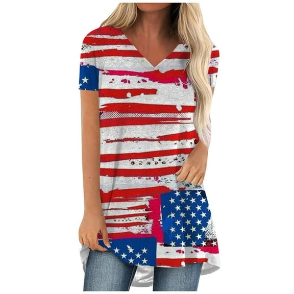 USSUMA Short Sleeve Womens Blouses and Tops Dressy Patriotic Flag Print Plus Womens Tops Casual 4th of July Long Flowy T-Shirts Shirt for Women Trendy V Neck Tunic Plus Size