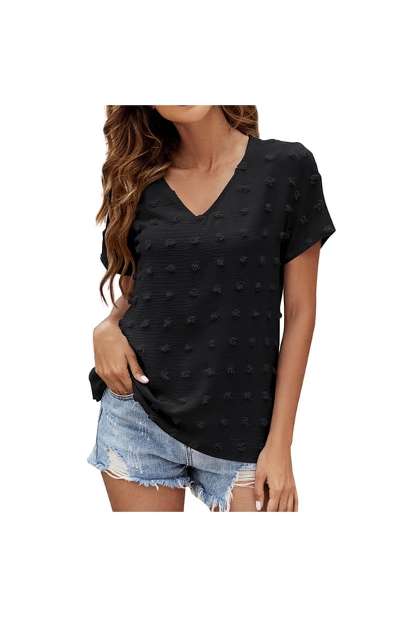 USSUMA Short Sleeve Womens Blouses and Tops Dressy Swiss Dot Solid Color Plus Womens Tops Casual Cute Basic Chiffon T-Shirts Shirt for Women Trendy V Neck Tunic Plus Size