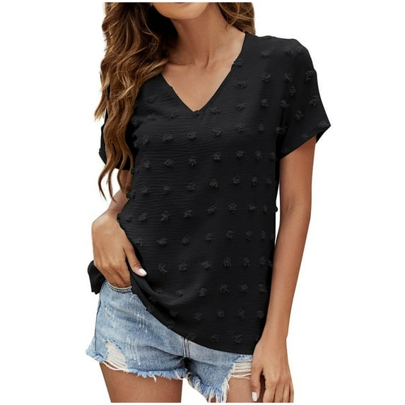 USSUMA Short Sleeve Womens Blouses and Tops Dressy Swiss Dot Solid Color Plus Womens Tops Casual Cute Basic Chiffon T-Shirts Shirt for Women Trendy V Neck Tunic Plus Size