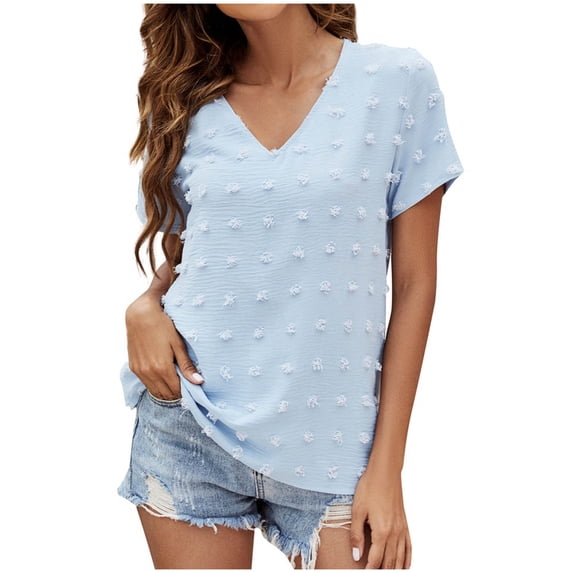 USSUMA Short Sleeve Womens Blouses and Tops Dressy Swiss Dot Solid Color Plus Womens Tops Casual Cute Basic Chiffon T-Shirts Shirt for Women Trendy V Neck Tunic Plus Size