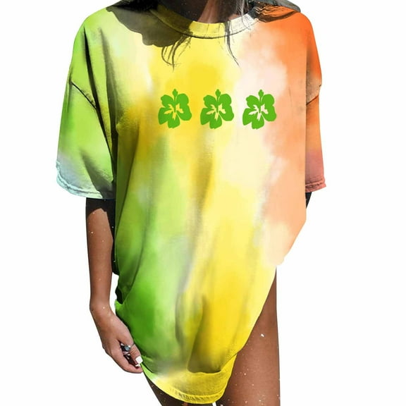 USSUMA Plus Womens Tops Dressy Casual Crewneck Short Sleeve Women's Shirts and Blouses Tie Dye T-Shirts for Women Trendy Vintage Oversized Floral Graphic Tunic Top Summer Beach