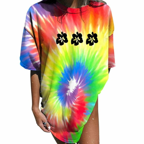 USSUMA Short Sleeve Womens Blouses and Tops Dressy Tie Dye Plus Womens Tops Casual Vintage Oversized Floral Graphic T-Shirts Shirt for Women Trendy Crewneck Tunic Plus Size