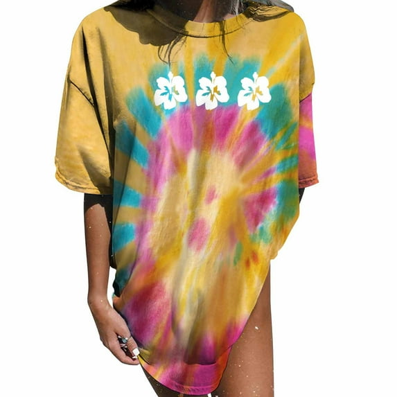 USSUMA Plus Womens Tops Dressy Casual Crewneck Short Sleeve Women's Shirts and Blouses Tie Dye T-Shirts for Women Trendy Vintage Oversized Floral Graphic Tunic Top Summer Beach