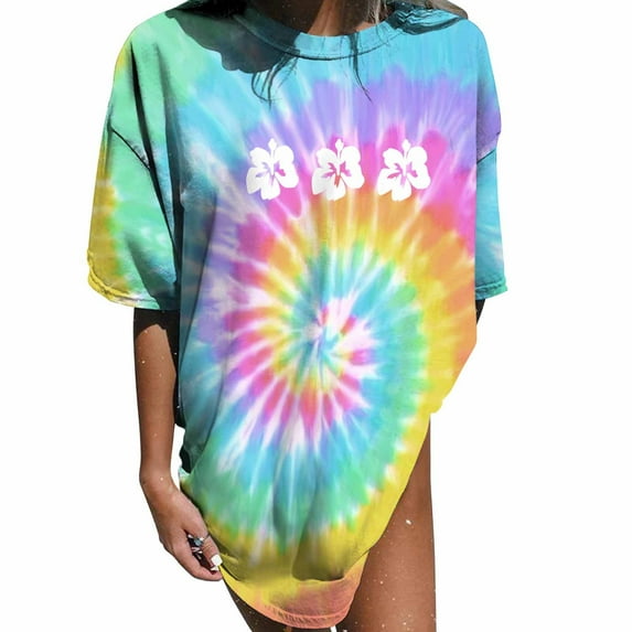 USSUMA Plus Womens Tops Dressy Casual Crewneck Short Sleeve Women's Shirts and Blouses Tie Dye T-Shirts for Women Trendy Vintage Oversized Floral Graphic Tunic Top Summer Beach