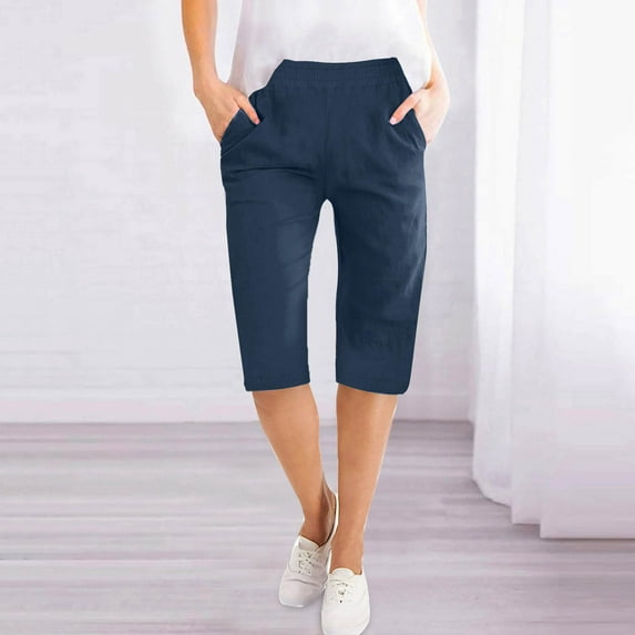 USSUMA Shorts for Women Trendy Solid Color Pull-on Elastic Waist Casual with Pocket Quick Dry Shorts Straight Pants Half Shorts Linen Wide Legs Regular Fit Flowy Shorts for Beach Navy L
