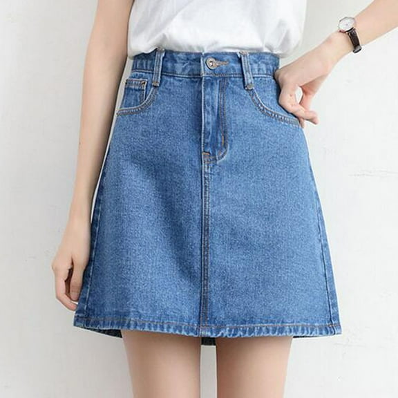 USSUMA Skirts for Women Midi Skirt Solid Color High Waist Button Cowboy Mid-Calf Skirt Casual Dress Breathable Dress Trekking Summer Saving Blue Skirt for Women Nylon L