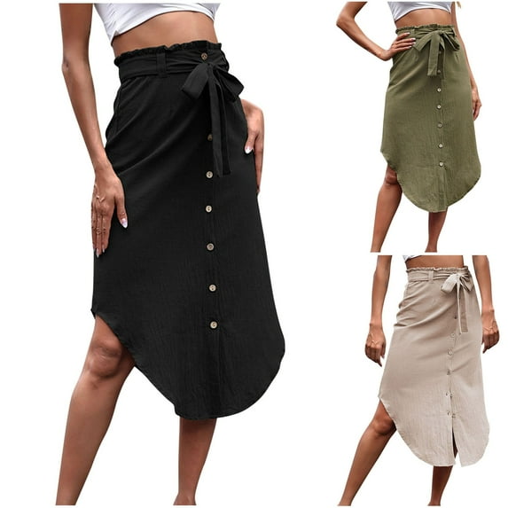 USSUMA Skirts for Women Midi Skirt Solid Color High Waist Lace Button Mid-Calf Skirt Splicing Elegant Dress Comfortable Skirts Party Online Shopping Army Green Skirt for Women L
