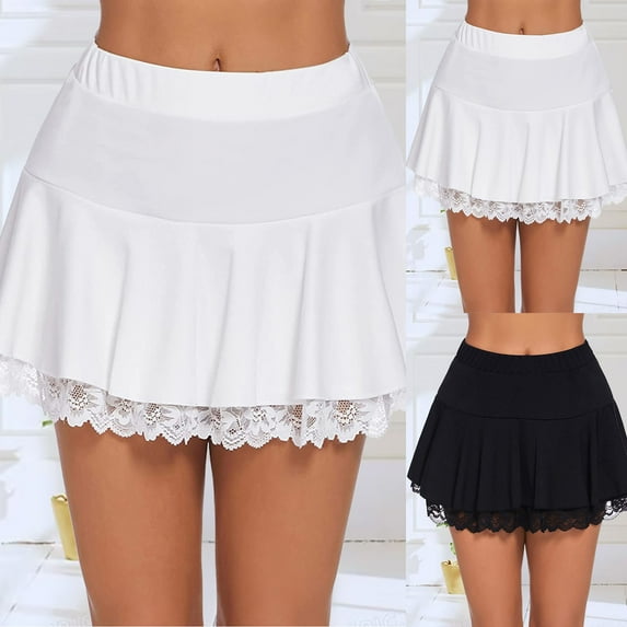 USSUMA Skirts for Women Midi Skirt Solid Color High Waist Pleated Lace Mid-Calf Skirt Splicing Vintage Skirt Breathable Skirts Bachelor Party Black Skirt for Women L