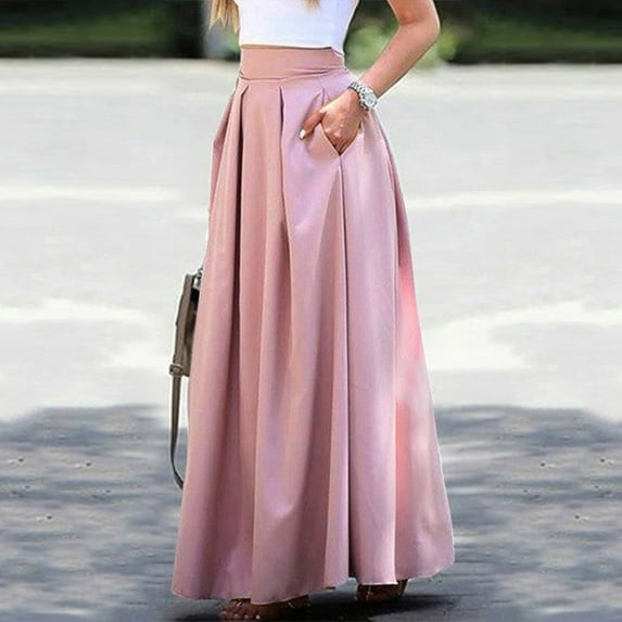 USSUMA Skirts for Women Midi Skirt Solid Color High Waist Pleated Zipper Mid-Calf Skirt Leisure Dress Comfortable Dress Office Holiday s Pink Skirt for Women Polyester S