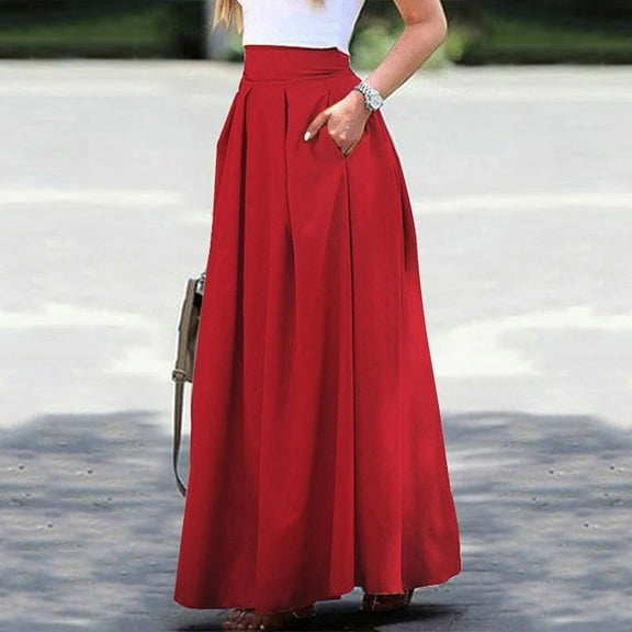 USSUMA Skirts for Women Midi Skirt Solid Color High Waist Pleated Zipper Mid-Calf Skirt Retro Dresses Loose Skirts Birthday Clearance Sales Red Skirt for Women Polyester M