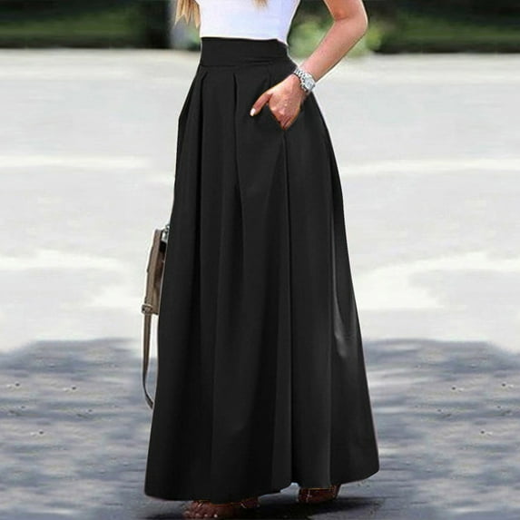 USSUMA Skirts for Women Midi Skirt Solid Color High Waist Pleated Zipper Mid-Calf Skirt Trendy Skirts Comfortable Skirt Birthday Online Shopping Black Skirt for Women Polyester XL