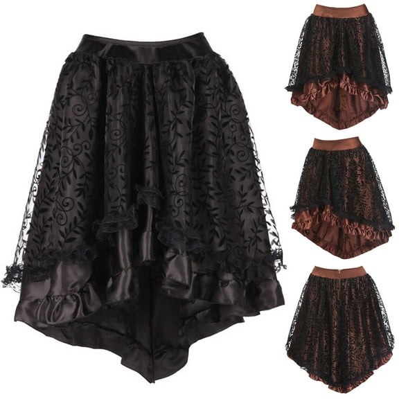 USSUMA Skirts for Women Midi Skirt Solid Color Retro Ruffles Mid-Calf Skirt Mesh Gothic Retro Dress Breathable Skirt Meeting s Black Skirt for Women Polyester L