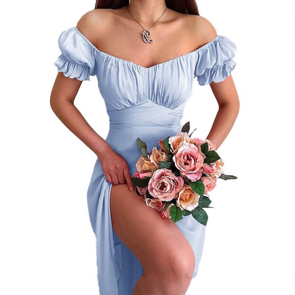 USSUMA Skirts for Women Trendy Summer Dress Short Sleeve One Line Neck Casual Solid Color Puff Sleeves Split Pleated Slim Maxi Dress Elegant Skirt Fashion Skirts Work Light Blue Dress Size-XL