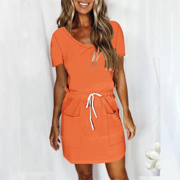 USSUMA Skirts for Women Trendy Summer Dress Short Sleeve V Neck Casual Solid Color Dress with Pocket Tie Mid-Calf Dress Casual Skirt Breathable Skirt Bachelor Party Orange Dress Size-XL
