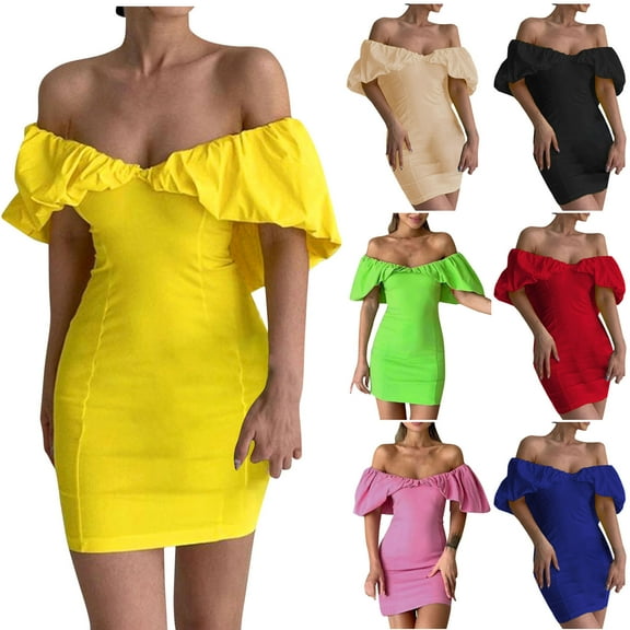 USSUMA Skirts for Women Trendy Summer Dresses Short Sleeve Solid Color Pleated Wrap Skirt off Shoulder Neck Casual Maxi Dress Casual Skirt Loose Skirt School Holiday Saving Beige Dress Size-L