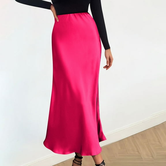 USSUMA Skirts for Women Trendy Summer Midi Skirt Solid Color High Waist Mid-Calf Skirt Lounging Skirts Loose Skirt Office Clearance Sales Hot Pink Skirt for Women L