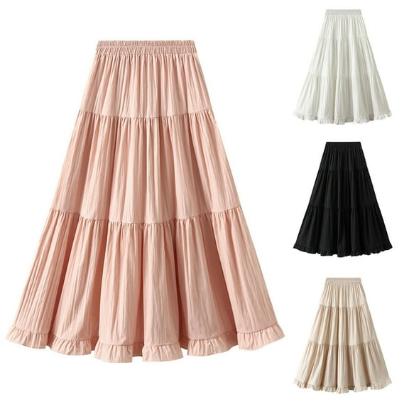 USSUMA Skirts for Women Trendy Summer Midi Skirt Solid Color High Waist Pleated Mid-Calf Skirt Retro Dresses Loose Skirt Camping Beige Skirt for Women Free Size
