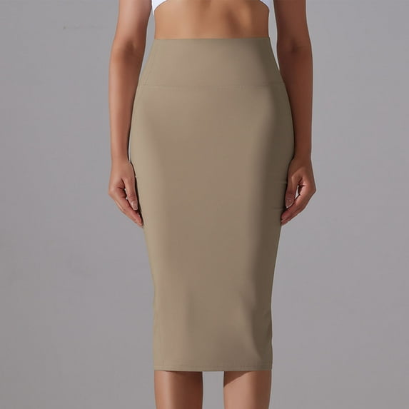 USSUMA Skirts for Women Trendy Summer Midi Skirt Solid Color High Waist Vent Slim High-Elastic Skin-Friendly Mid-Calf Skirt Leisure Dress Fashion Dresses Date Khaki Skirt for Women Nylon XL