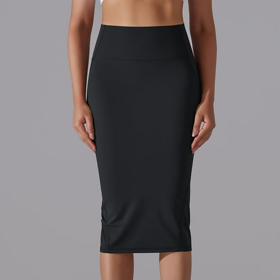 USSUMA Skirts for Women Trendy Summer Midi Skirt Solid Color High Waist Vent Slim High-Elastic Skin-Friendly Mid-Calf Skirt Elegant Dress Fashion Dresses Date Black Skirt for Women XL