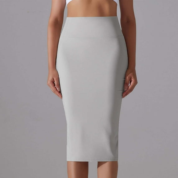 USSUMA Skirts for Women Trendy Summer Midi Skirt Solid Color High Waist Vent Slim High-Elastic Skin-Friendly Mid-Calf Skirt Lounging Dress Fashion Skirts Street White Skirt for Women Nylon L