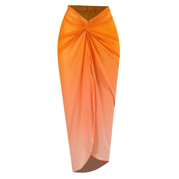 USSUMA Skirts for Women Trendy Summer Midi Skirt Solid Color Printed Retro Mid-Calf Skirt Beach Skirt Elegant Skirt Lightweight Skirts Date Clearance Sale Orange Skirt for Women L