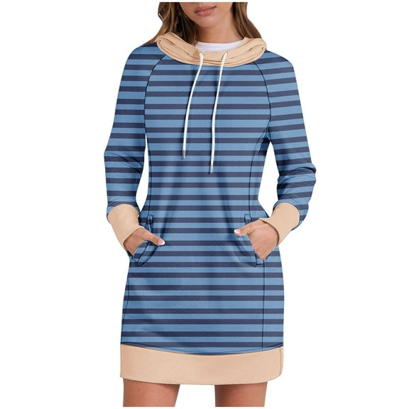 USSUMA Skirts for Women Trendy Summer Women'S Casual Dresses Long Sleeve Solid Color Dress with Pocket Hoodie Striped Maxi Dress Vintage Dresses Comfortable Dress Work Navy Dress Size-M