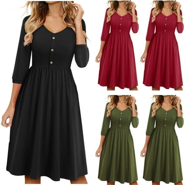 USSUMA Skirts for Women Trendy Summer Women'S Casual Dresses Mid-Sleeve V Neck Casual Solid Color Button Dress with Pocket Beach Maxi Dress Trendy Skirt Breathable Skirt Trekking Black Dress Size-L