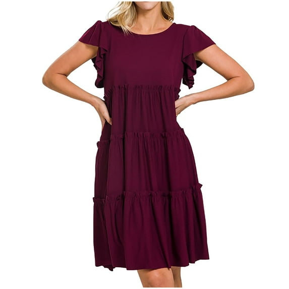 USSUMA Skirts for Women Trendy Summer Women'S Casual Dresses Short Sleeve Crew Neck Casual Solid Color Ruffle Maxi Dress Trendy Skirts Breathable Skirt Climbing Summer Saving Wine Dress Size-XL