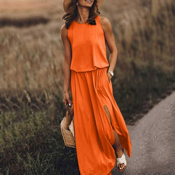 USSUMA Skirts for Women Trendy Summer Women'S Casual Dresses Sleeveless Crew Neck Casual Solid Color Split Maxi Dress Lounging Skirts Comfortable Skirts Camping 50% off Clear Orange Dress Size-S