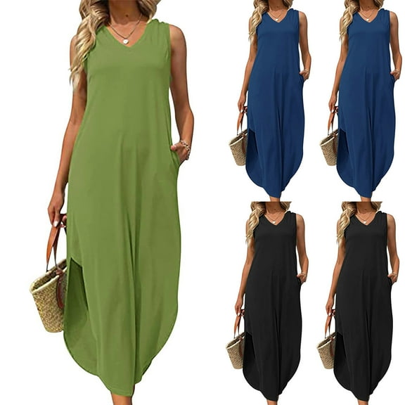 USSUMA Skirts for Women Trendy Summer Women'S Casual Dresses Sleeveless V Neck Casual Solid Color Dress with Pocket Maxi Dress Leisure Skirts Lightweight Skirt Work Army Green Dress Size-L