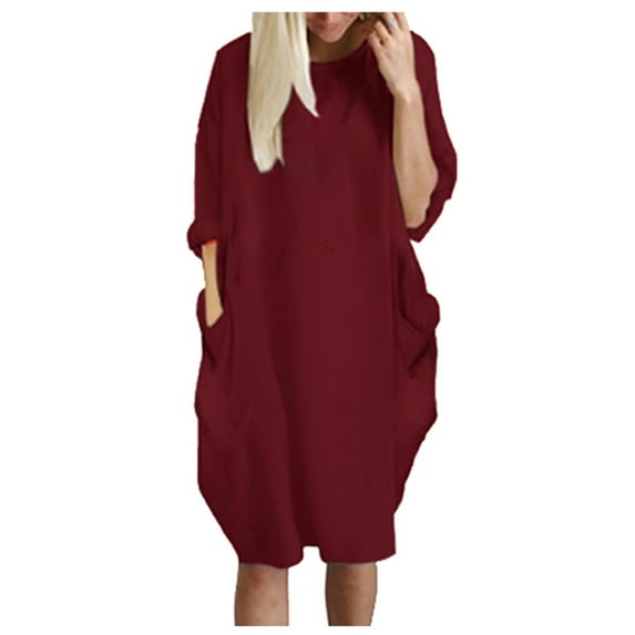 USSUMA Skirts for Women Trendy Summer Womens Dresses Long Sleeve Plus Size Dress Solid Color Printed Dress with Pocket Loose Fit Maxi Dress Lounging Dress Lightweight Skirts Wine Dress Size-XL