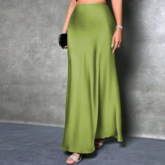 USSUMA Skirts for Women Midi Skirt Solid Color Zipper Mid-Calf Skirt Vintage Skirt Breathable Skirts Birthday Up to 65% off Green Skirt for Women Xs
