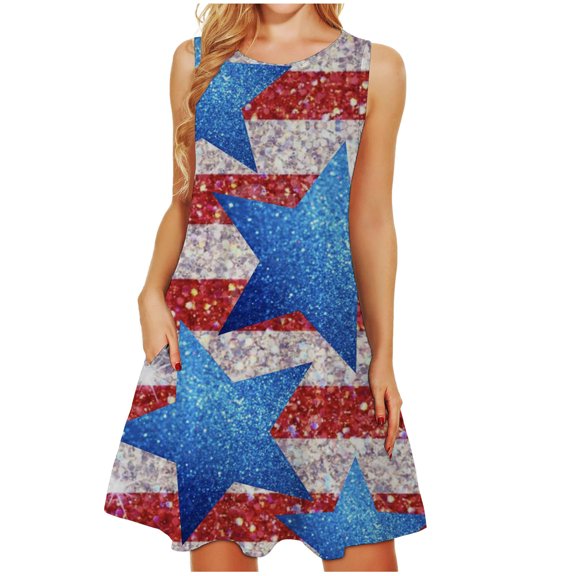 USSUMA Sleeveless Sundresses for Women 4th of July American Flag Midi Beach Party Dresses Knee Length Flowy A line Swing Sun Dresses Women's Summer Casual Round Neck Dress Wedding Guest