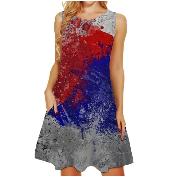 USSUMA Sleeveless Sundresses for Women 4th of July American Flag Midi Beach Party Dresses Knee Length Flowy A line Swing Sun Dresses Women's Summer Casual Round Neck Dress Wedding Guest