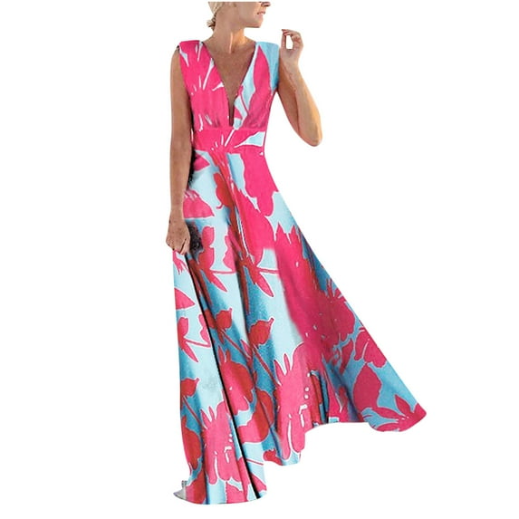 USSUMA Sleeveless Sundresses for Women Floral Print Maxi Beach Party Dresses High Waist Flowy A Line Swing Long Sun Dresses Women's Summer Casual V-Neck Dress Wedding Guest