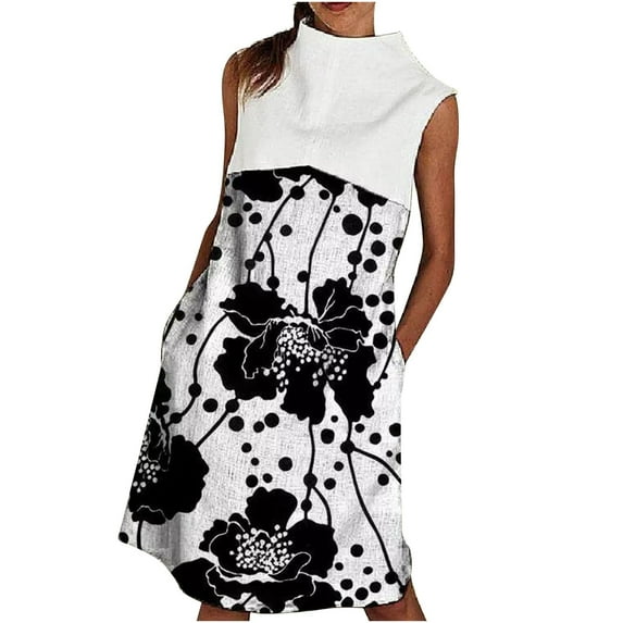 USSUMA Sleeveless Sundresses for Women Floral Print Tshirt Midi Beach Party Dresses Pocket Zipper Tunic Sun Dresses Women's Summer Casual Turtleneck Dress Wedding Guest