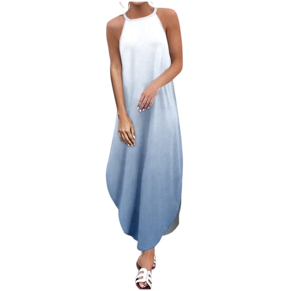 USSUMA Sleeveless Sundresses for Women Ombre Maxi Beach Party Dresses Tie-Dye Flowy Long Sun Dresses Women's Summer Casual Halter Neck Dress Wedding Guest
