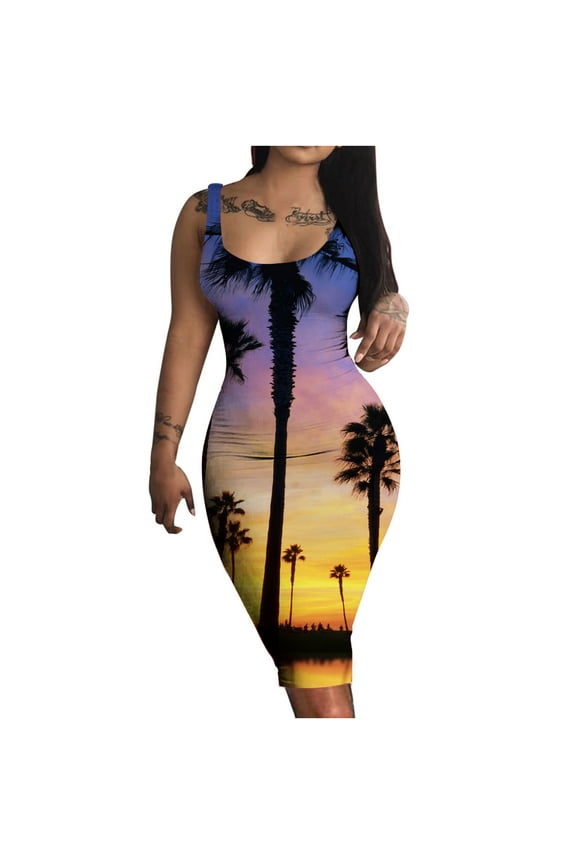 USSUMA Sleeveless Sundresses for Women Tropical Hawaiian Midi Beach Party Dresses Knee Length Club Pencil Bodycon Sexy Sun Dresses Women's Summer Casual U Neck Dress Wedding Guest