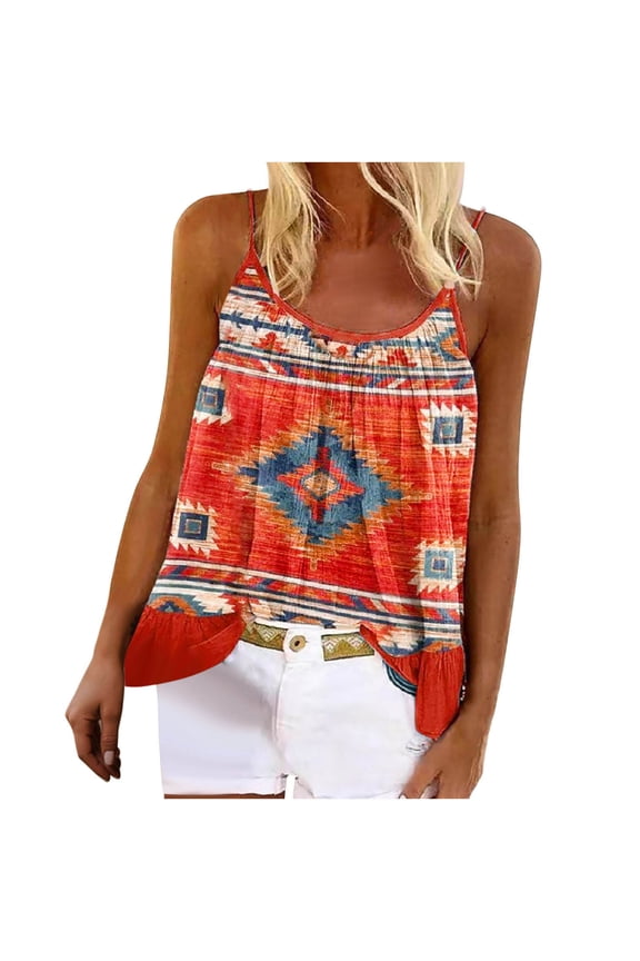 Sleeveless Women Tops Dressy Casual Western Ethnic Aztec Tank Top 2022 Trendy T-Shirt Shirts Round Neck Spaghetti Strap Camis Plus Size Tunics Top for Women Summer Blouse