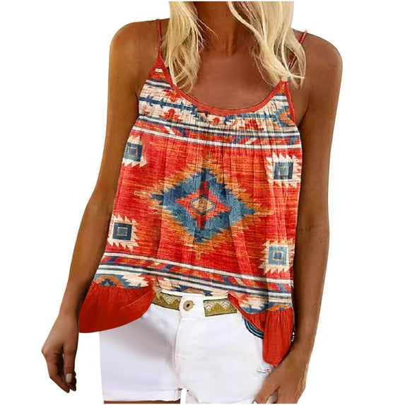 USSUMA Sleeveless Women Tops Dressy Casual Western Ethnic Aztec Tank Top 2022 Trendy T-Shirt Shirts Round Neck Spaghetti Strap Camis Plus Size Tunics Top for Women Summer Blouse