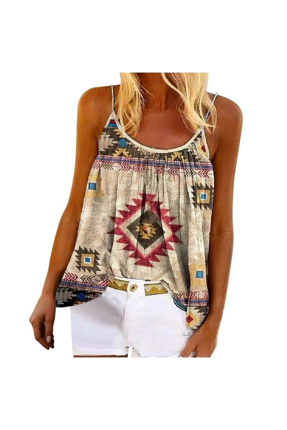 USSUMA Sleeveless Women Tops Dressy Casual Western Ethnic Aztec Tank Top 2022 Trendy T-Shirt Shirts Round Neck Spaghetti Strap Camis Plus Size Tunics Top for Women Summer Blouse