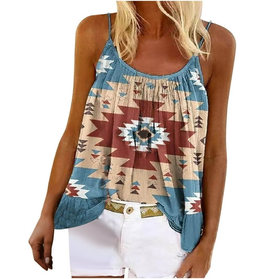 USSUMA Sleeveless Women Tops Dressy Casual Western Ethnic Aztec Tank Top 2022 Trendy T-Shirt Shirts Round Neck Spaghetti Strap Camis Plus Size Tunics Top for Women Summer Blouse