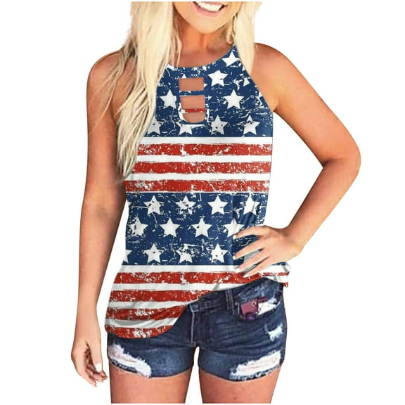 USSUMA Sleeveless Womens Blouses and Tops Dressy 4th of July American Flag Plus Womens Tops Casual Star Stripes Patriotic Tanks Top T-Shirts Shirt for Women Trendy Round Neck Tunic Plus Size