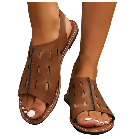 USSUMA Slippers for Women Women's Fashion Casual Summer New Large Size Hollow One-Line Flat Bottom Splicing Fish Mouth Beach Sandals Garden Clog Slippers Clearance Sales