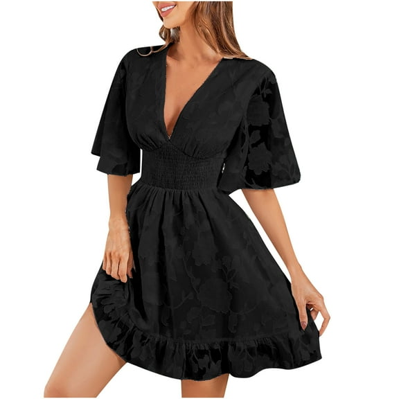 USSUMA Smocked Flowy Aline Swing Dress for Women Wedding Guest Mini Summer Dresses Casual Chiffon Floral 2022 Sundresses Casual Beach Ruffle Sleeve V Neck Sun Dresses