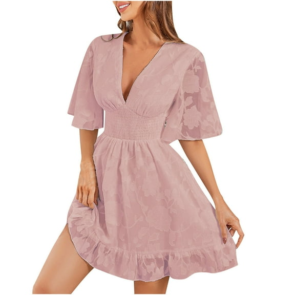 USSUMA Smocked Flowy Aline Swing Dress for Women Wedding Guest Mini Summer Dresses Casual Chiffon Floral 2022 Sundresses Casual Beach Ruffle Sleeve V Neck Sun Dresses