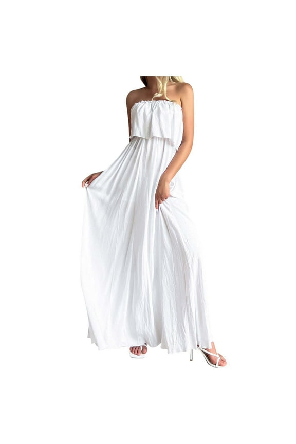 USSUMA Solid Color Long Tube Maxi Beach Dresses for Women Casual Summer Off Shoulder Sleeveless Womens Sun Dresses Vacation Strapless Bandeau Ruffle Flowy Sundresses Wedding Guest for Women