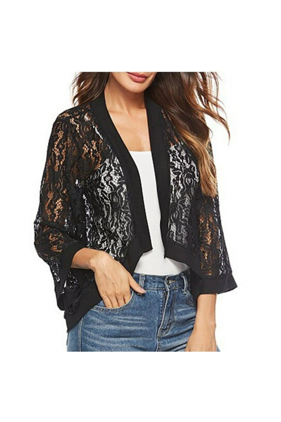 USSUMA Solid Color Womens Blouses and Tops Dressy Long Sleeve Female Tops Casual Lace Crochet Short Cardigan Beach Cover Ups T-Shirts Shirt for Women Trendy Open Front Tunics Fall Long Sleeve Plus